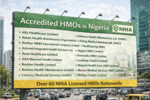 Accredited HMOs in Nigeria billboard showing verified NHIA approved list for 2026
