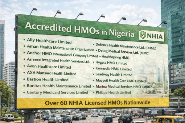 Accredited HMOs in Nigeria billboard showing verified NHIA approved list for 2026